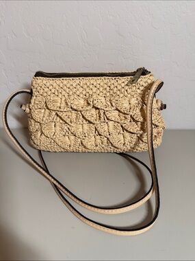 Patricia Nash Leather Bacoli Trimmed Scalloped Raffia Crossbody in Natural New